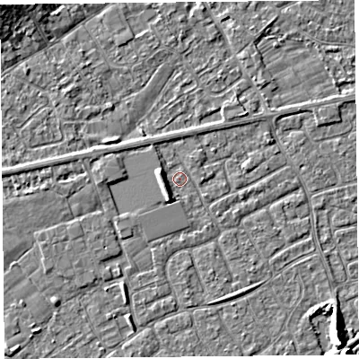 Shaded relief map of the ground around BS228UP, computed from Environment Agency LiDAR. The ground here sits at about 6 m above sea level and falls 6 m across the surrounding 800 m. Surface water reaching this point runs off ground lying to the west-south-west, 2.4 m higher.
