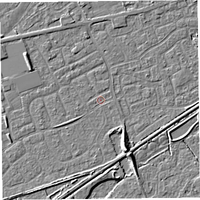Shaded relief map of the ground around BS228UQ, computed from Environment Agency LiDAR. The ground here sits at about 5 m above sea level and falls 7 m across the surrounding 800 m. Surface water reaching this point runs off ground lying to the south-south-east, 5.7 m higher.