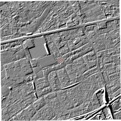 Shaded relief map of the ground around BS228UR, computed from Environment Agency LiDAR. The ground here sits at about 6 m above sea level and falls 7 m across the surrounding 800 m. Surface water reaching this point runs off ground lying to the north-west, 2.5 m higher.