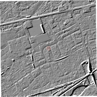 Shaded relief map of the ground around BS228US, computed from Environment Agency LiDAR. The ground here sits at about 6 m above sea level and falls 7 m across the surrounding 800 m. Surface water reaching this point runs off ground lying to the north-north-west, 2.5 m higher.
