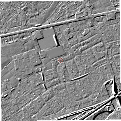 Shaded relief map of the ground around BS228UT, computed from Environment Agency LiDAR. The ground here sits at about 6 m above sea level and falls 7 m across the surrounding 800 m. Surface water reaching this point runs off ground lying to the north-north-west, 2.5 m higher.