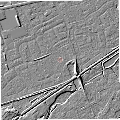 Shaded relief map of the ground around BS228UX, computed from Environment Agency LiDAR. The ground here sits at about 5 m above sea level and falls 7 m across the surrounding 800 m. Surface water reaching this point runs off ground lying to the south-east, 5.7 m higher.