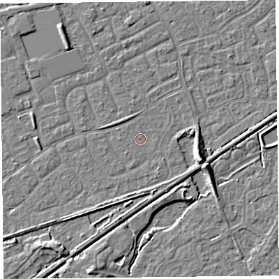 Shaded relief map of the ground around BS228UY, computed from Environment Agency LiDAR. The ground here sits at about 5 m above sea level and falls 7 m across the surrounding 800 m. Surface water reaching this point runs off ground lying to the west, 0.5 m higher.