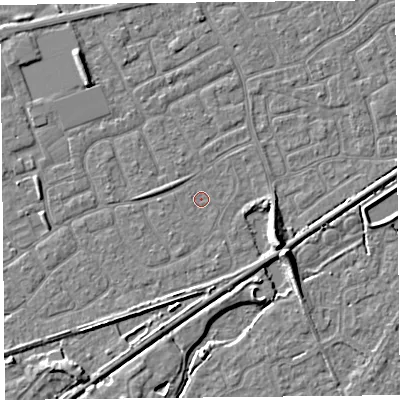 Shaded relief map of the ground around BS228UZ, computed from Environment Agency LiDAR. The ground here sits at about 5 m above sea level and falls 7 m across the surrounding 800 m. Surface water reaching this point runs off ground lying to the east-south-east, 5.7 m higher.