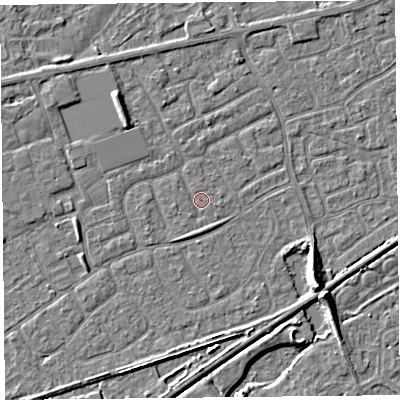 Shaded relief map of the ground around BS228XA, computed from Environment Agency LiDAR. The ground here sits at about 6 m above sea level and falls 7 m across the surrounding 800 m. Surface water reaching this point runs off ground lying to the south, 0.7 m higher.
