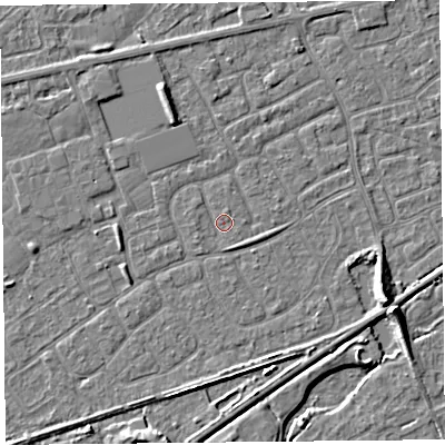 Shaded relief map of the ground around BS228XB, computed from Environment Agency LiDAR. The ground here sits at about 6 m above sea level and falls 7 m across the surrounding 800 m. Surface water reaching this point runs off ground lying to the south-east, 0.8 m higher.