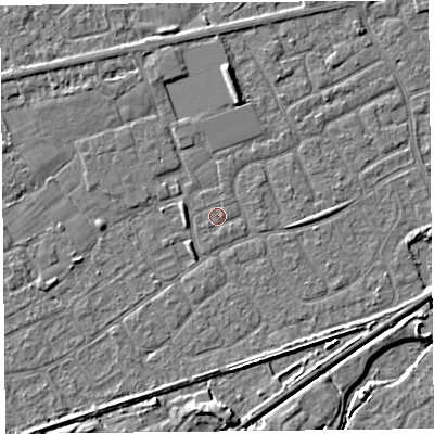 Shaded relief map of the ground around BS228XD, computed from Environment Agency LiDAR. The ground here sits at about 6 m above sea level and falls 4 m across the surrounding 800 m. Surface water reaching this point runs off ground lying to the south-east, 0.6 m higher.