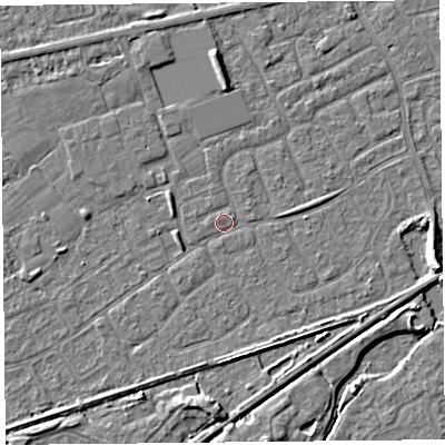 Shaded relief map of the ground around BS228XE, computed from Environment Agency LiDAR. The ground here sits at about 6 m above sea level and falls 7 m across the surrounding 800 m. Surface water reaching this point runs off ground lying to the east-south-east, 5.7 m higher.