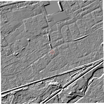 Shaded relief map of the ground around BS228XF, computed from Environment Agency LiDAR. The ground here sits at about 6 m above sea level and falls 4 m across the surrounding 800 m. Surface water reaching this point runs off ground lying to the north, 2.7 m higher.