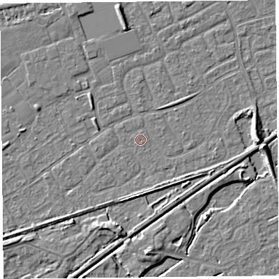 Shaded relief map of the ground around BS228XG, computed from Environment Agency LiDAR. The ground here sits at about 6 m above sea level and falls 7 m across the surrounding 800 m. The ground contributing surface water to this point lies to the south-east.