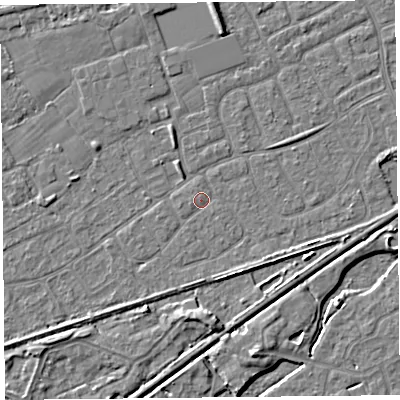 Shaded relief map of the ground around BS228XH, computed from Environment Agency LiDAR. The ground here sits at about 6 m above sea level and falls 4 m across the surrounding 800 m. Surface water reaching this point runs off ground lying to the west-south-west, 0.6 m higher.