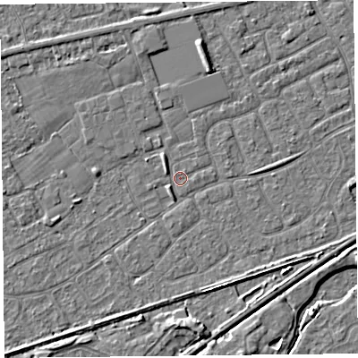 Shaded relief map of the ground around BS228XJ, computed from Environment Agency LiDAR. The ground here sits at about 6 m above sea level and falls 4 m across the surrounding 800 m. Surface water reaching this point runs off ground lying to the north-north-east, 2.5 m higher.