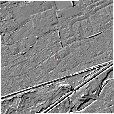 Shaded relief map of the ground around BS228XL, computed from Environment Agency LiDAR. The ground here sits at about 6 m above sea level and falls 4 m across the surrounding 800 m. Surface water reaching this point runs off ground lying to the west-south-west, 0.6 m higher.