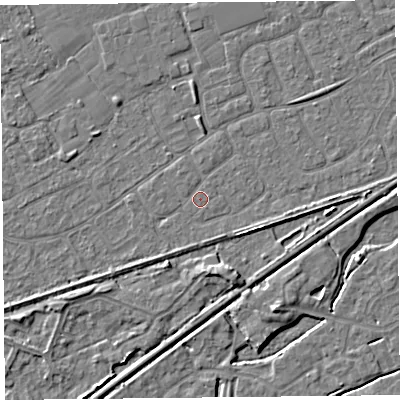 Shaded relief map of the ground around BS228XN, computed from Environment Agency LiDAR. The ground here sits at about 6 m above sea level and falls 4 m across the surrounding 800 m. Surface water reaching this point runs off ground lying to the north-west, 0.6 m higher.