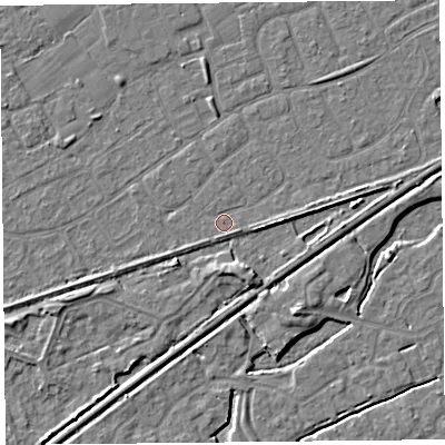 Shaded relief map of the ground around BS228XP, computed from Environment Agency LiDAR. The ground here sits at about 6 m above sea level and falls 4 m across the surrounding 800 m. Surface water reaching this point runs off ground lying to the south-east, 0.9 m higher.