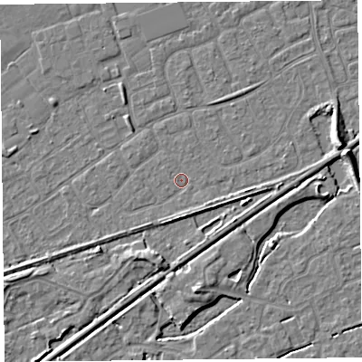 Shaded relief map of the ground around BS228XQ, computed from Environment Agency LiDAR. The ground here sits at about 5 m above sea level and falls 7 m across the surrounding 800 m. Surface water reaching this point runs off ground lying to the south, 2.1 m higher.