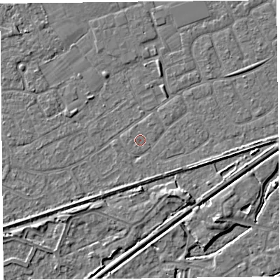 Shaded relief map of the ground around BS228XR, computed from Environment Agency LiDAR. The ground here sits at about 6 m above sea level and falls 4 m across the surrounding 800 m. Surface water reaching this point runs off ground lying to the north-north-east, 0.6 m higher.