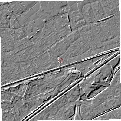 Shaded relief map of the ground around BS228XS, computed from Environment Agency LiDAR. The ground here sits at about 6 m above sea level and falls 4 m across the surrounding 800 m. Surface water reaching this point runs off ground lying to the south-south-east, 0.9 m higher.