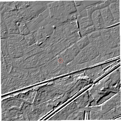 Shaded relief map of the ground around BS228XT, computed from Environment Agency LiDAR. The ground here sits at about 6 m above sea level and falls 4 m across the surrounding 800 m. Surface water reaching this point runs off ground lying to the south-east, 1.1 m higher.