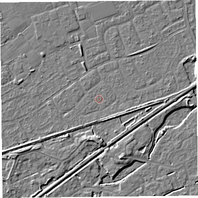 Shaded relief map of the ground around BS228XW, computed from Environment Agency LiDAR. The ground here sits at about 6 m above sea level and falls 4 m across the surrounding 800 m. Surface water reaching this point runs off ground lying to the south-east, 2.1 m higher.