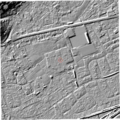 Shaded relief map of the ground around BS228XX, computed from Environment Agency LiDAR. The ground here sits at about 6 m above sea level and falls 9 m across the surrounding 800 m. The ground contributing surface water to this point lies to the north-east.