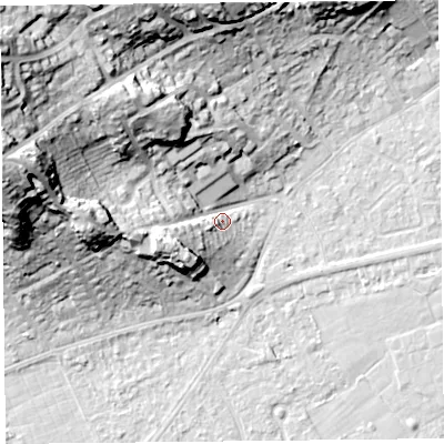 Shaded relief map of the ground around BS229BG, computed from Environment Agency LiDAR. The ground here sits at about 10 m above sea level and falls 37 m across the surrounding 800 m. Surface water reaching this point runs off ground lying to the west-north-west, 32.2 m higher.