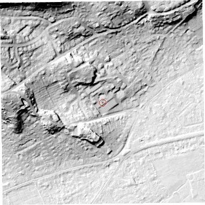 Shaded relief map of the ground around BS229BQ, computed from Environment Agency LiDAR. The ground here sits at about 12 m above sea level and falls 48 m across the surrounding 800 m. Surface water reaching this point runs off ground lying to the north-west, 16.9 m higher.