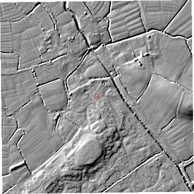 Shaded relief map of the ground around BS229BX, computed from Environment Agency LiDAR. The ground here sits at about 7 m above sea level and falls 8 m across the surrounding 800 m. Surface water reaching this point runs off ground lying to the south, 3.1 m higher.