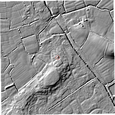 Shaded relief map of the ground around BS229BY, computed from Environment Agency LiDAR. The ground here sits at about 8 m above sea level and falls 8 m across the surrounding 800 m. Surface water reaching this point runs off ground lying to the south, 1.8 m higher.