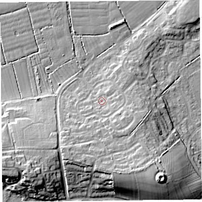 Shaded relief map of the ground around BS229DX, computed from Environment Agency LiDAR. The ground here sits at about 9 m above sea level and falls 16 m across the surrounding 800 m. Surface water reaching this point runs off ground lying to the south-south-east, 9.6 m higher.