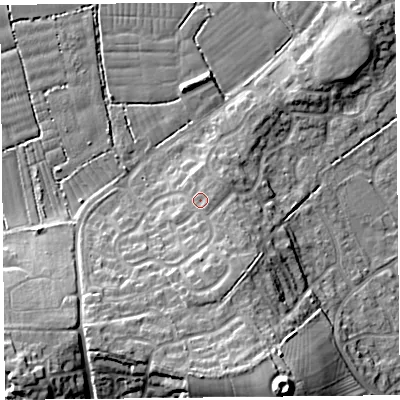 Shaded relief map of the ground around BS229DY, computed from Environment Agency LiDAR. The ground here sits at about 10 m above sea level and falls 16 m across the surrounding 800 m. Surface water reaching this point runs off ground lying to the south, 2.3 m higher.