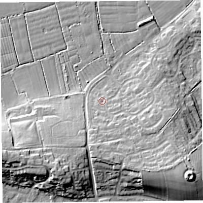 Shaded relief map of the ground around BS229DZ, computed from Environment Agency LiDAR. The ground here sits at about 9 m above sea level and falls 17 m across the surrounding 800 m. Surface water reaching this point runs off ground lying to the south-south-east, 3.0 m higher.