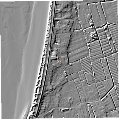 Shaded relief map of the ground around BS229FL, computed from Environment Agency LiDAR. The ground here sits at about 8 m above sea level and falls 9 m across the surrounding 800 m. Surface water reaching this point runs off ground lying to the west-north-west, 2.6 m higher.