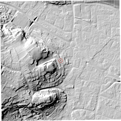 Shaded relief map of the ground around BS229HA, computed from Environment Agency LiDAR. The ground here sits at about 9 m above sea level and falls 30 m across the surrounding 800 m. Surface water reaching this point runs off ground lying to the west-south-west, 16.7 m higher.
