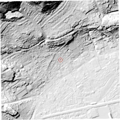 Shaded relief map of the ground around BS229HD, computed from Environment Agency LiDAR. The ground here sits at about 9 m above sea level and falls 73 m across the surrounding 800 m. Surface water reaching this point runs off ground lying to the north-west, 56.7 m higher.