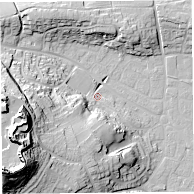 Shaded relief map of the ground around BS229HG, computed from Environment Agency LiDAR. The ground here sits at about 8 m above sea level and falls 62 m across the surrounding 800 m. Surface water reaching this point runs off ground lying to the south-west, 26.5 m higher.
