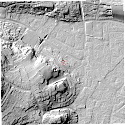 Shaded relief map of the ground around BS229HH, computed from Environment Agency LiDAR. The ground here sits at about 9 m above sea level and falls 38 m across the surrounding 800 m. Surface water reaching this point runs off ground lying to the west-south-west, 2.9 m higher.