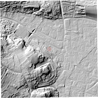 Shaded relief map of the ground around BS229HJ, computed from Environment Agency LiDAR. The ground here sits at about 7 m above sea level and falls 32 m across the surrounding 800 m. Surface water reaching this point runs off ground lying to the west-south-west, 5.3 m higher.