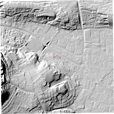 Shaded relief map of the ground around BS229HL, computed from Environment Agency LiDAR. The ground here sits at about 7 m above sea level and falls 50 m across the surrounding 800 m. Surface water reaching this point runs off ground lying to the west-south-west, 27.2 m higher.
