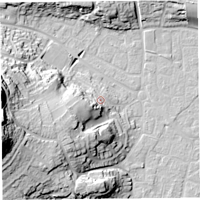 Shaded relief map of the ground around BS229HQ, computed from Environment Agency LiDAR. The ground here sits at about 11 m above sea level and falls 46 m across the surrounding 800 m. Surface water reaching this point runs off ground lying to the south-west, 11.1 m higher.