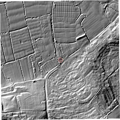 Shaded relief map of the ground around BS229NY, computed from Environment Agency LiDAR. The ground here sits at about 6 m above sea level and falls 15 m across the surrounding 800 m. Surface water reaching this point runs off ground lying to the south, 10.7 m higher.