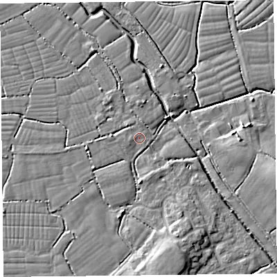 Shaded relief map of the ground around BS229NZ, computed from Environment Agency LiDAR. The ground here sits at about 6 m above sea level and falls 7 m across the surrounding 800 m. Surface water reaching this point runs off ground lying to the north, 0.9 m higher.