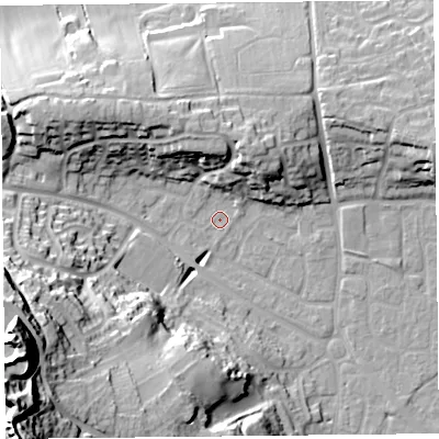Shaded relief map of the ground around BS229PB, computed from Environment Agency LiDAR. The ground here sits at about 6 m above sea level and falls 49 m across the surrounding 800 m. Surface water reaching this point runs off ground lying to the south-west, 49.3 m higher.