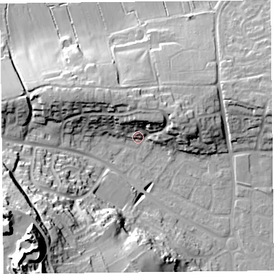 Shaded relief map of the ground around BS229PF, computed from Environment Agency LiDAR. The ground here sits at about 9 m above sea level and falls 51 m across the surrounding 800 m. Surface water reaching this point runs off ground lying to the north-north-east, 12.6 m higher.