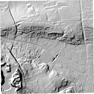 Shaded relief map of the ground around BS229PG, computed from Environment Agency LiDAR. The ground here sits at about 7 m above sea level and falls 76 m across the surrounding 800 m. Surface water reaching this point runs off ground lying to the west, 23.9 m higher.