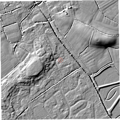 Shaded relief map of the ground around BS229TB, computed from Environment Agency LiDAR. The ground here sits at about 6 m above sea level and falls 8 m across the surrounding 800 m. Surface water reaching this point runs off ground lying to the west, 4.4 m higher.