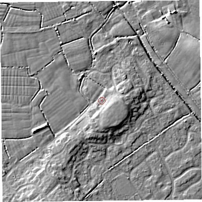 Shaded relief map of the ground around BS229TF, computed from Environment Agency LiDAR. The ground here sits at about 7 m above sea level and falls 7 m across the surrounding 800 m. Surface water reaching this point runs off ground lying to the east, 3.9 m higher.
