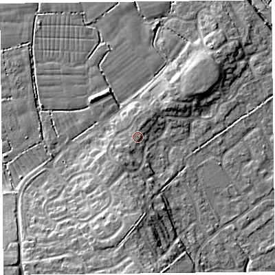 Shaded relief map of the ground around BS229TJ, computed from Environment Agency LiDAR. The ground here sits at about 8 m above sea level and falls 12 m across the surrounding 800 m. Surface water reaching this point runs off ground lying to the east-north-east, 1.2 m higher.
