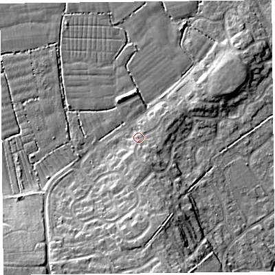 Shaded relief map of the ground around BS229TN, computed from Environment Agency LiDAR. The ground here sits at about 7 m above sea level and falls 11 m across the surrounding 800 m. Surface water reaching this point runs off ground lying to the south, 2.5 m higher.