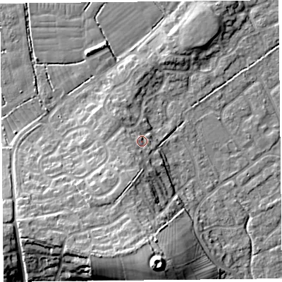 Shaded relief map of the ground around BS229TR, computed from Environment Agency LiDAR. The ground here sits at about 9 m above sea level and falls 17 m across the surrounding 800 m. Surface water reaching this point runs off ground lying to the south-west, 4.0 m higher.